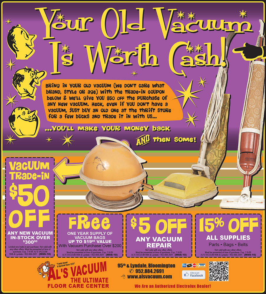twin cities advertising design for Al's Vacuum - old vacuum is worth cash