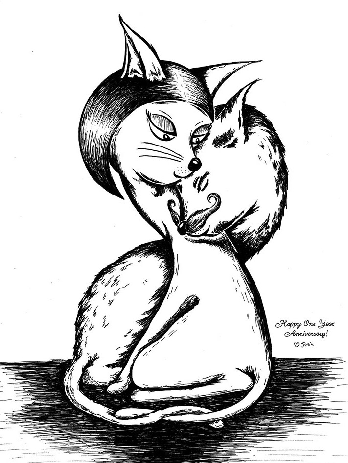 Twin Cities Illustrator Josh Wallace "Anniversary Cats" pen and ink on paper
