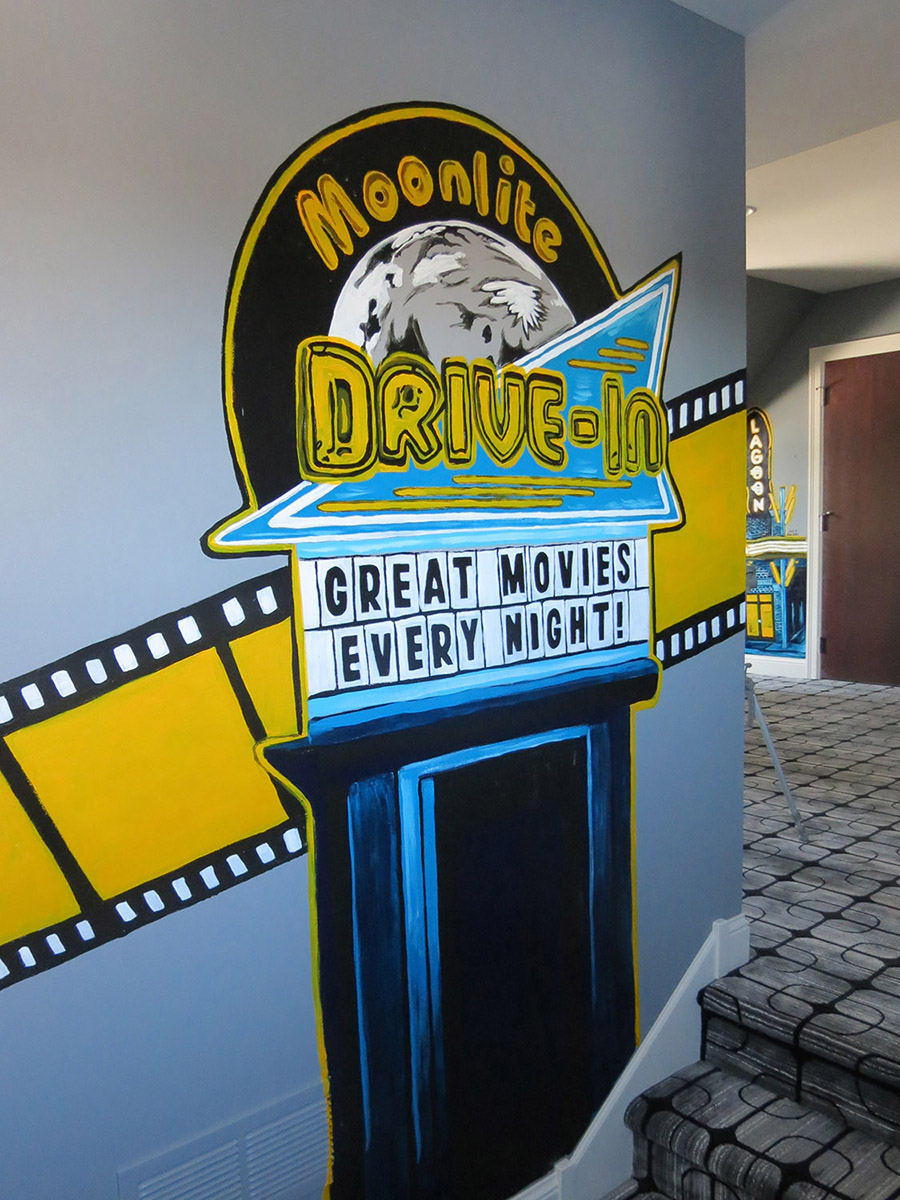 "Movie Mural" Twin Cities acrylic wall painting collaboration with Jena Wallace - Moonlite Drive-In
