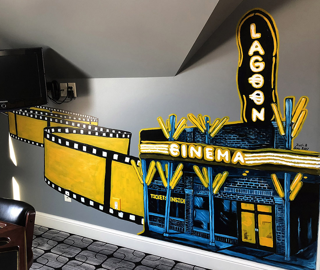 "Movie Mural" Twin Cities acrylic wall painting collaboration with Jena Wallace - Lagoon Cinema, Minneapolis, MN