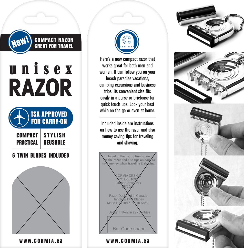 packaging design for inventors - Unisex Razor TSA approved compact travel razor, hanging cardboard packaging with blister pack