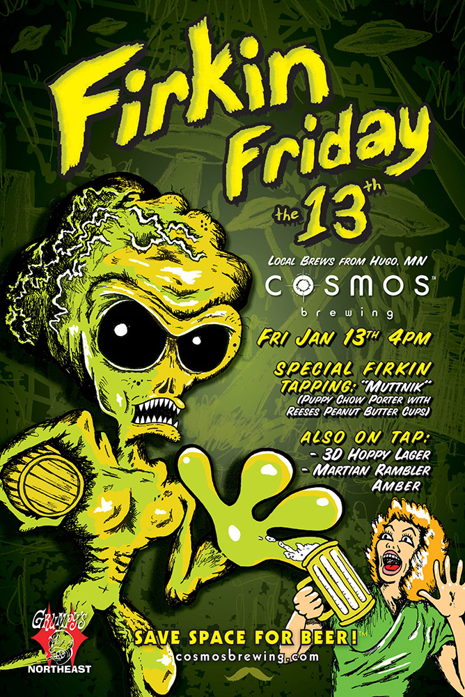 cosmos poster firkin friday twin cities poster design cosmos firkin friday with alien illustration