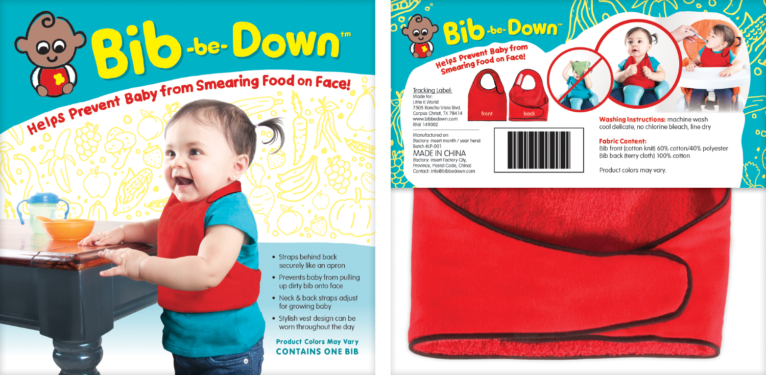 bib-be-down-packaging-design packaging design for inventors - logo design for inventors - Bib -be- Down photo shoot and packaging design Vest style bib, polybag packaging with cardstock insert