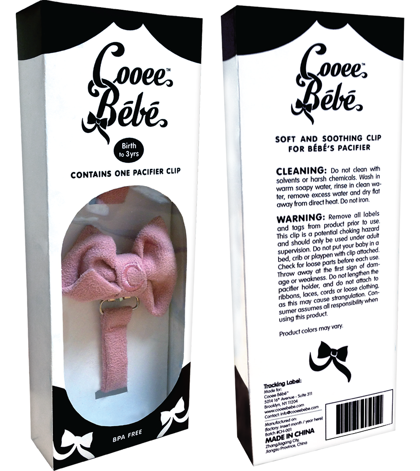 cooee-bebe-packaging-design packaging design for inventors - logo design for inventors - Cooee Bébé High end designer pacifier clip, box packaging with plastic window