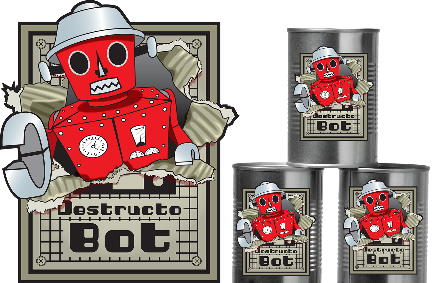 destructo-bot-packaging-design Twin Cities packaging design and illustration - Destructo Bot Vintage tin robot toy package redesign, tin can packaging with paper label