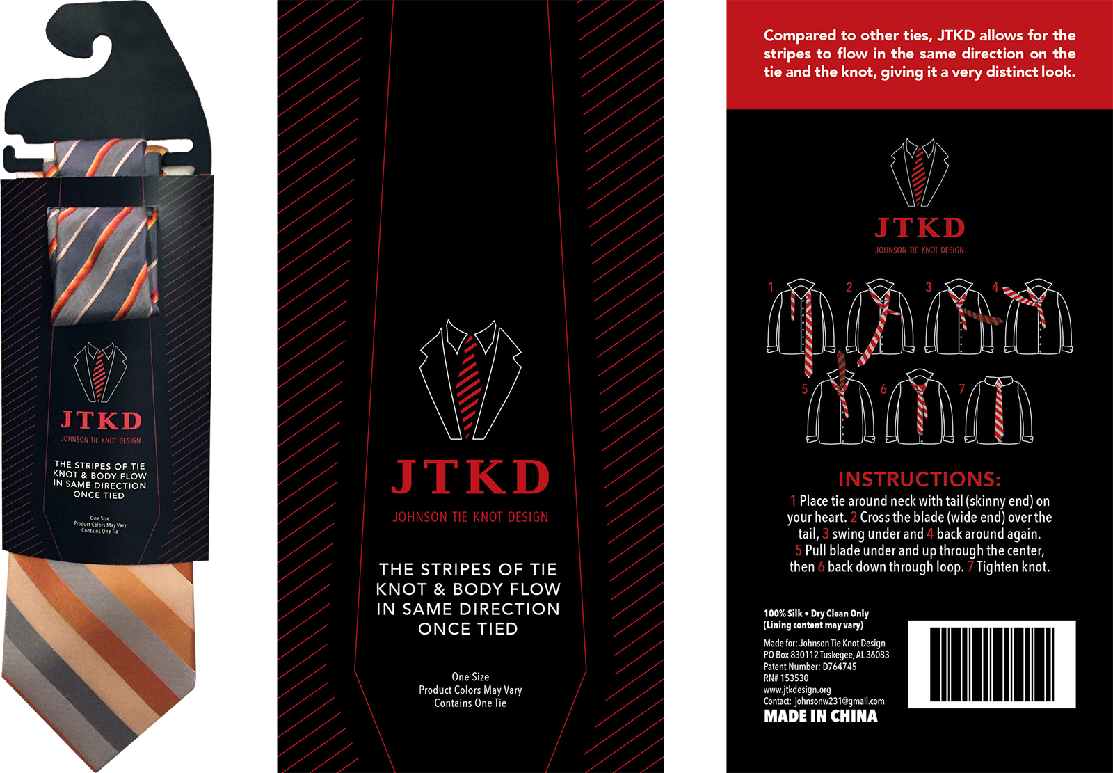johnson-tie-knot-design-packaging-design packaging design for inventors - logo design for inventors - JTKD Johnson Tie Knot Design Innovative tie design, cardstock packaging with plastic hanger, instruction design