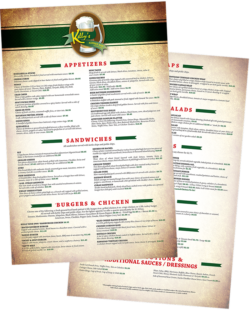 kellyskorner menu design for Kelly's Korner bar