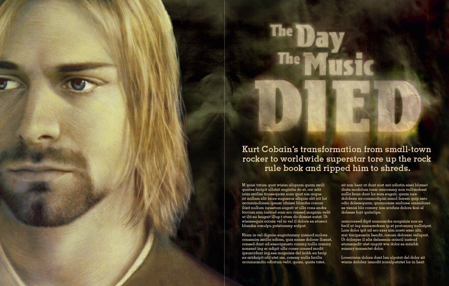 kurt-cobain-editorial-design-2 Editorial design sample - 2 page spread for Kurt Cobain article