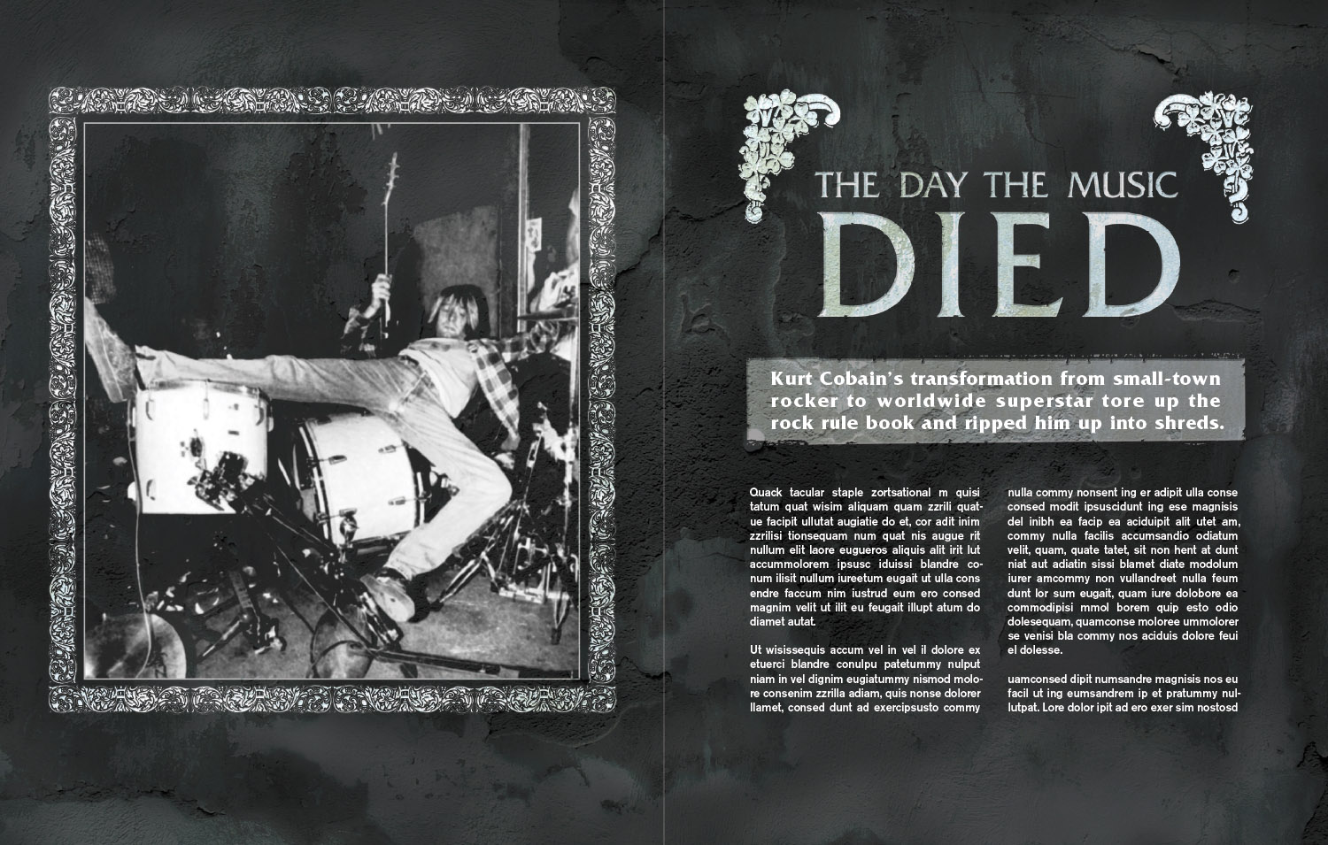 kurt-cobain-editorial-design Editorial design sample - 2 page spread for Kurt Cobain article