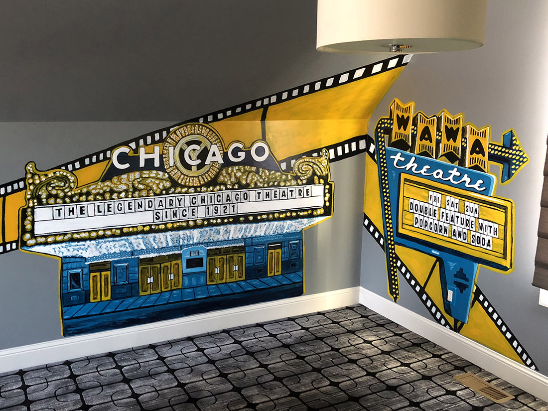 movie-mural-12 "Movie Mural" Twin Cities acrylic wall painting collaboration with Jena Wallace - Chicago Theatre and Wawa Theatre
