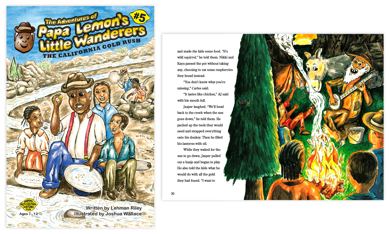 papa-lemon-book5 Twin Cities Childrens Book Illustrator Josh Wallace "The Adventures of Papa Lemon's Little Wanderers, Book 5: The California Gold Rush" Watercolor and ink on paper