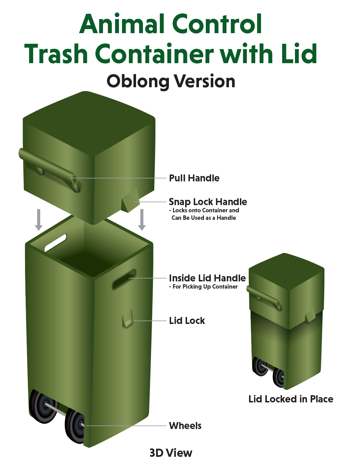 product illustration for inventors - animal control trash container with lid, oblong version