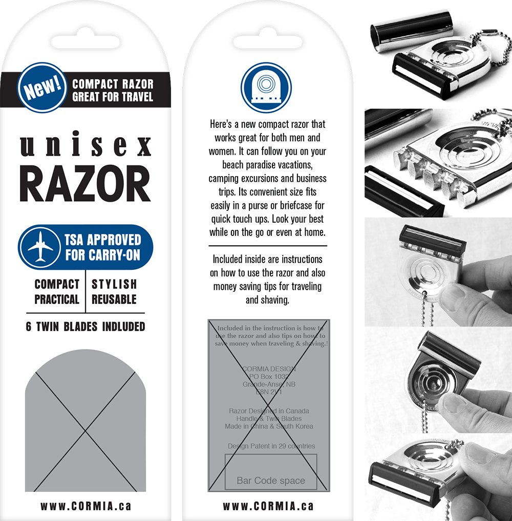 unisex-travel-razor-packaging-design packaging design for inventors - Unisex Razor TSA approved compact travel razor, hanging cardboard packaging with blister pack