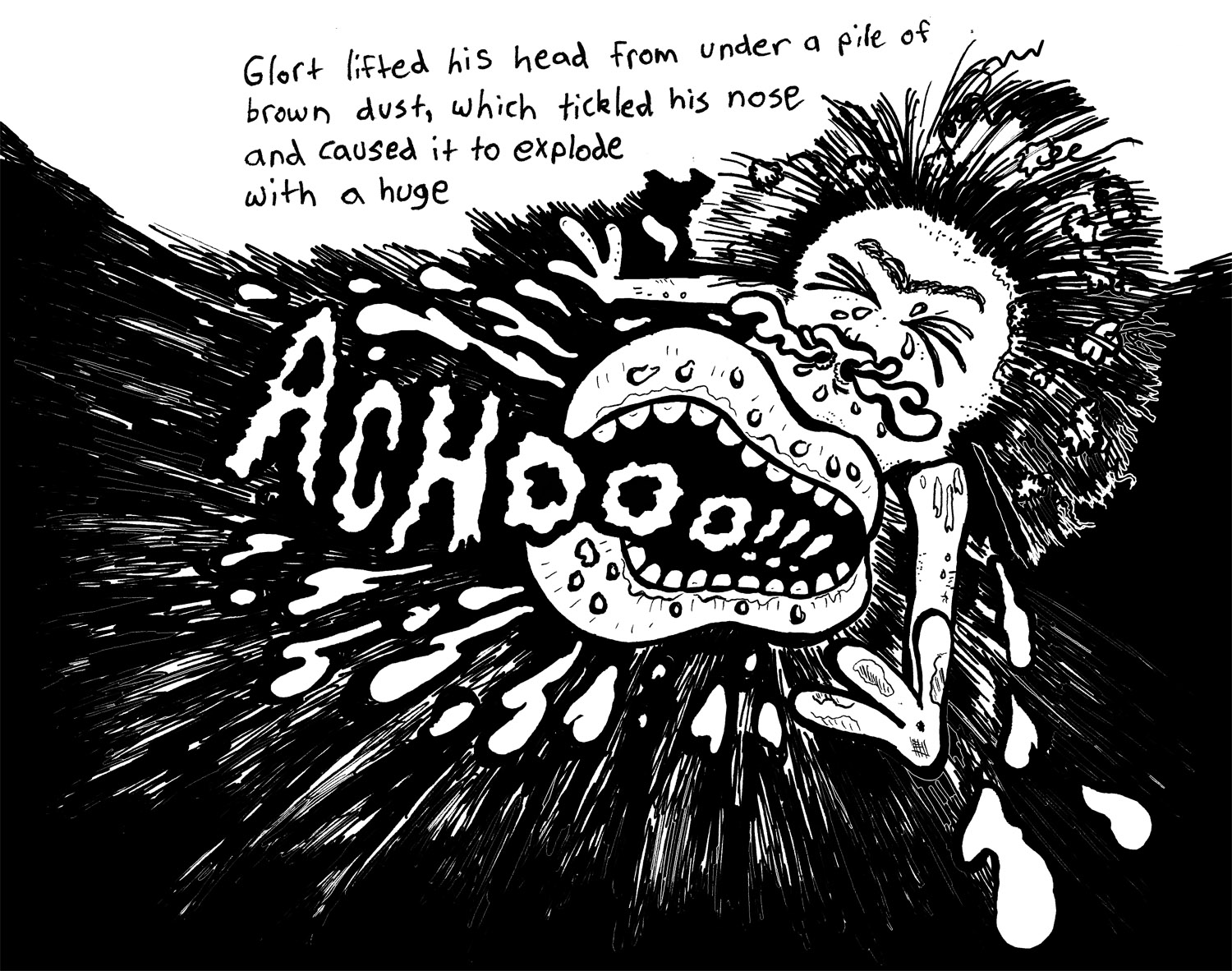 zgweebleville2-pen-and-ink Twin Cities childrens book illustrator Josh Wallace, "Zgweebleville" Story by Josh Wallace and Jena Wallace, illustrations by Josh Wallace, ink on paper - Glort sneezing