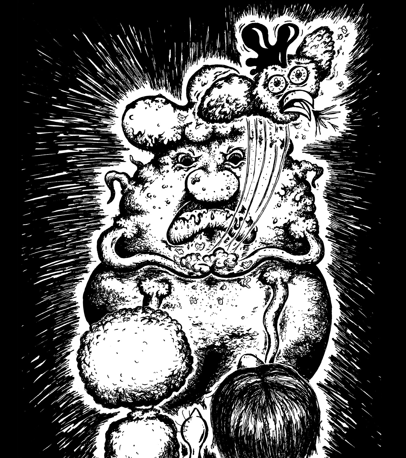 zgweebleville5-pen-and-ink Twin Cities childrens book illustrator Josh Wallace, "Zgweebleville" Story by Josh Wallace and Jena Wallace, illustrations by Josh Wallace, ink on paper - Bob the Blob and a startled chicken